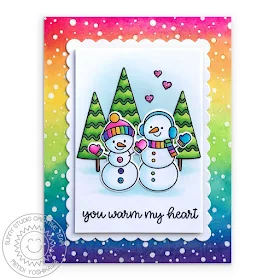 Sunny Studio Stamps: Feeling Frosty Rainbow Snowman Holiday Christmas Card (using Scalloped Square Tag Dies & Frosty Flurries Background Stamp)