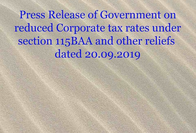 Press Release of Government on reduced Corporate tax rates under section 115BAA
