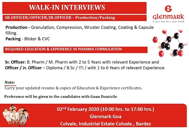 Glenmark Pharma | Walk-in for Production on 2 Feb 2020 | Pharma Jobs in Goa