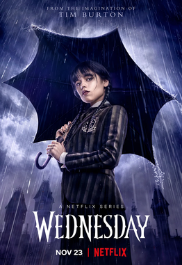 This promotion poster for the Netflix TV series, "Wednesday", depicts the titular character holding an umbrella in a storm.
