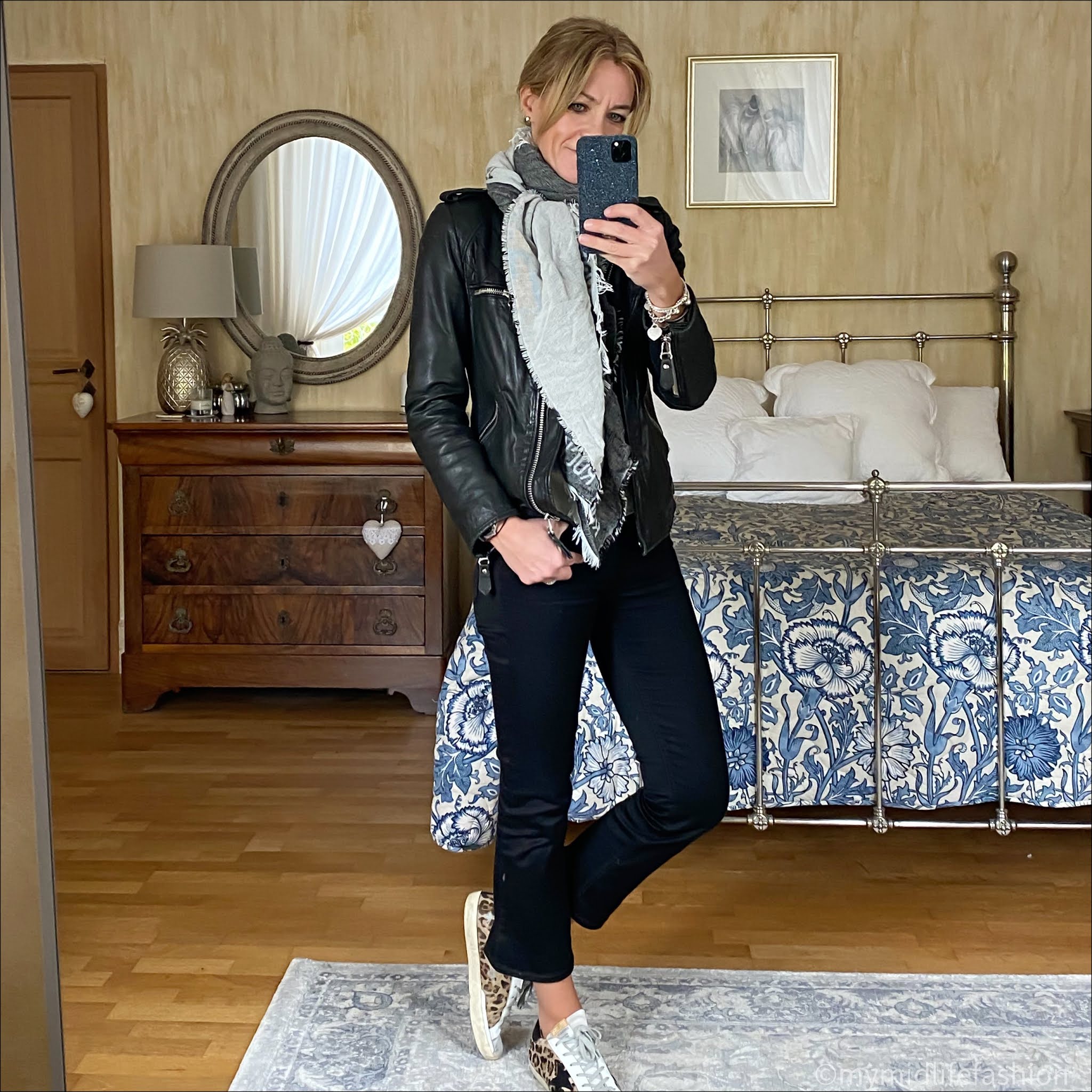 my midlife fashion, saint and Sofia black rock and roll scarf, Isabel Marant Etoile leather jacket, marks and Spencer pure cashmere crew neck jumper, j crew sammie cropped kick flare jeans, golden goose superstar low top leather trainers