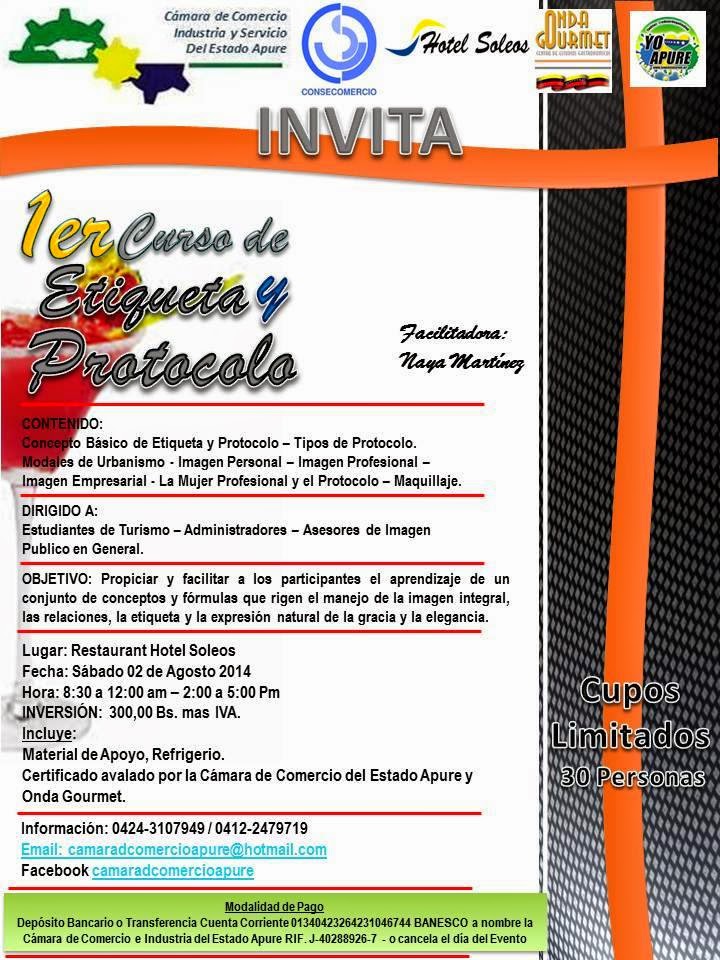 VER AFICHE: 1er. Curso de etiqueta y protocolo para sábado 02 agosto en San Fernando. CUPO LIMITADO 30 PERSONAS.