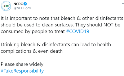 NCDC warns Nigerians against drinking bleach to treat Coronavirus