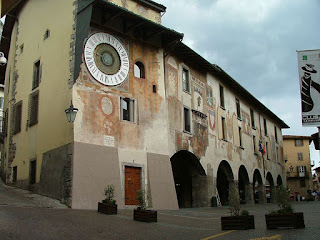 The frescoed Torre dell'Orologio in the town of Clusone, hear Benzoni's home village