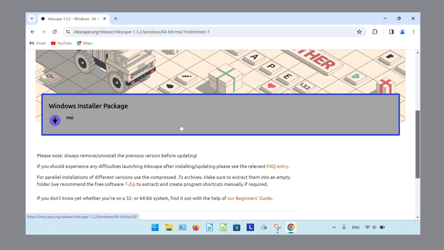 A blue rectangle surrounds the "Windows Installer Package" button at the bottom of the Inkscape website. The cursor clicks the "Windows Installer Package" button.