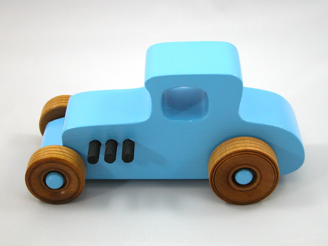 Wood Toy Car Hot Rod '27 T-Coupe, Handmade and Finished with Baby Blue and Black Acrylic Paint and Amber Shellac, Race Car, Street Rod