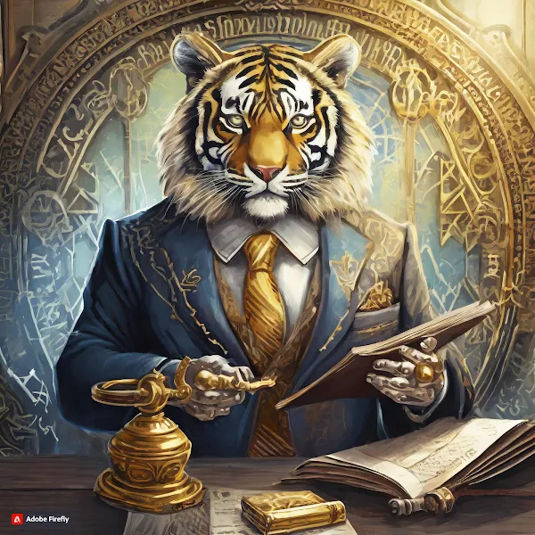 A photorealistic digital artwork of a anthropomorphic tiger dressed in a business suit and tie, holding a book under its arm.