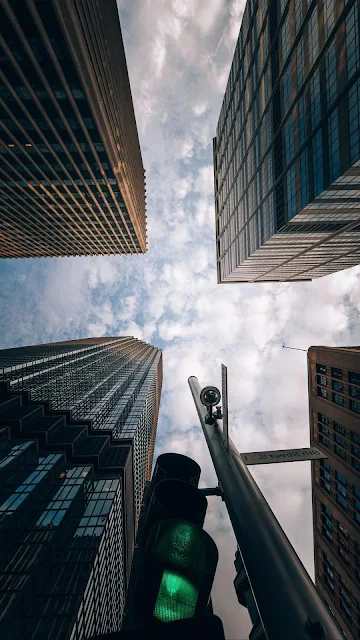 Traffic Light, Bottom View, City, Buildings