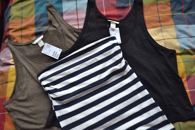 H&M jersey vest tops in khaki and black and a navy and white bandeau top