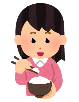 箸でご飯を食べる人のイラスト（女性）