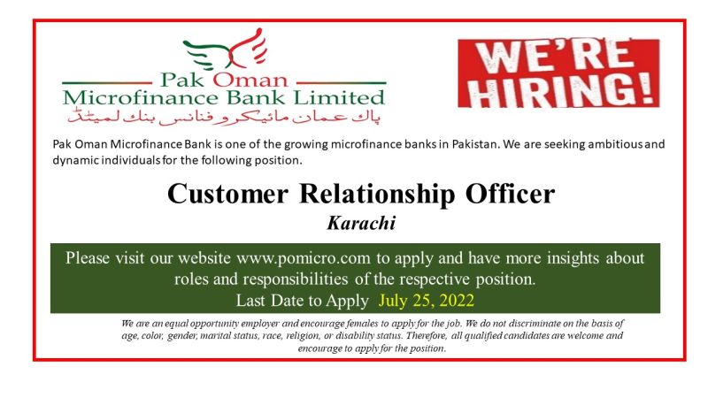Pak Oman Microfinance Bank Ltd Jobs For Customer Relationship Officer
