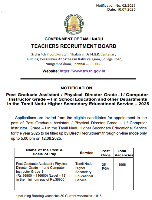 PGTRB Exam Date - NOTIFICATION Released 2025