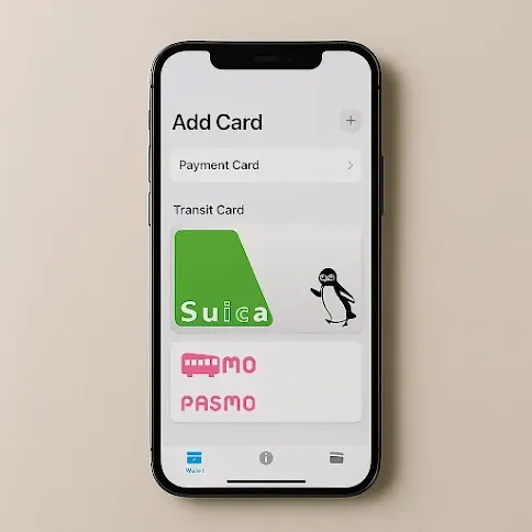 iPhone Wallet 앱에서 Suica와 PASMO 교통카드 추가하는 화면 예시