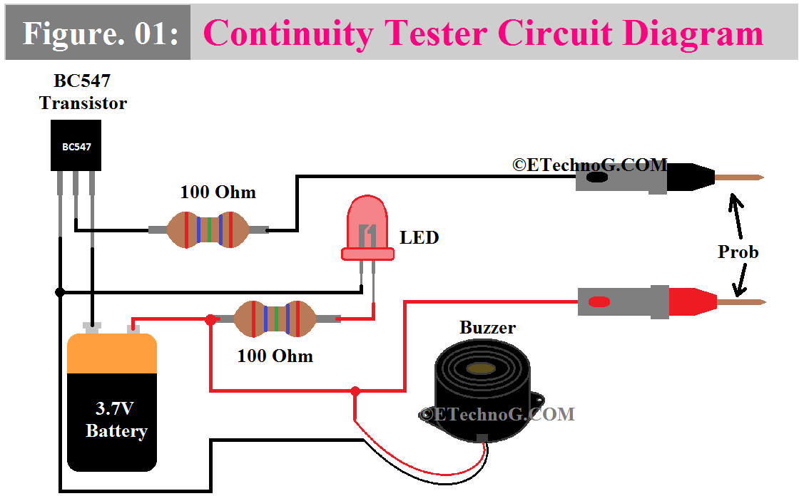 Circuit Diagram of Continuity Tester with component ratings