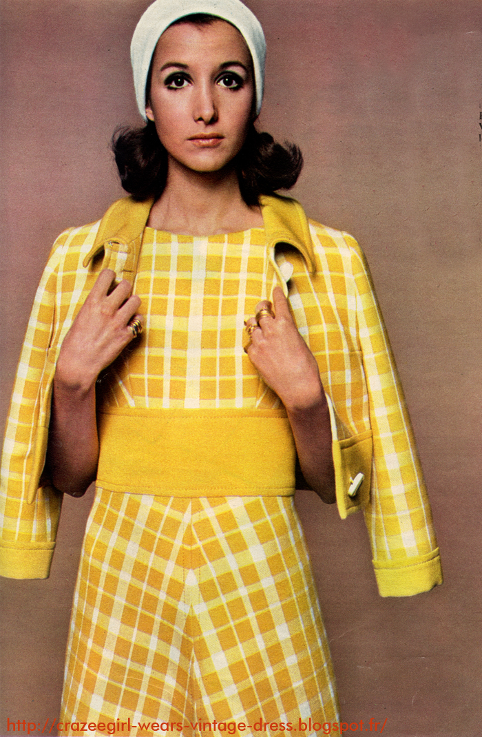 vintage cropped jacket white yellow plaid dress 1960 60s mod twiggy 1969 germaine et jane la guicharday