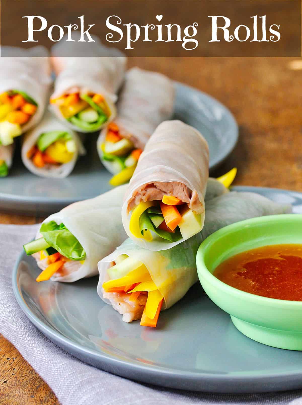 Pork Spring Rolls with Spicy Plum Dipping Sauce on gray plates.