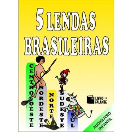 Descrição da capa do audiolivro infantil “5 Lendas Brasileiras”: a capa, criada pela produtora Livro Falante, é ilustrada ao fundo de cima para baixo na cor amarelo (gema de ovo) em degradée, do meio da capa para cima em letras grandes na cor branco “5 Lendas Brasileiras”. Do meio da capa para baixo do lado inferior esquerdo há 5 colunas verticais coloridas em ordem decrescente – como se fosse um gráfico estatístico - denominando as regiões, textos na cor preto. A primeira coluna é verde Centro Oeste – ao lado na cor cinza - Nordeste – depois a coluna Norte – na cor amarelo, em seguida Sudeste – novamente na cor cinza e Sul na cor roxo. Em cada coluna, um desenho – Uma formiga na coluna Centro Oeste  Acima da coluna Nordeste – o Curupira  Abaixo da coluna Norte – um pássaro nas cores cinza e amarelo  Acima da coluna Sudeste – o Saci  E por fim acima da coluna Sul – o Boi das aspas de ouro – com seu corpo envolvido em uma espécie de colcha de retalhos coloridos.  Canto inferior direito – o logotipo da editora Livro Falante (que é um livro na cor preto) e logo abaixo uma faixa verde na diagonal com texto na cor preto – Audiolivro Infantil.