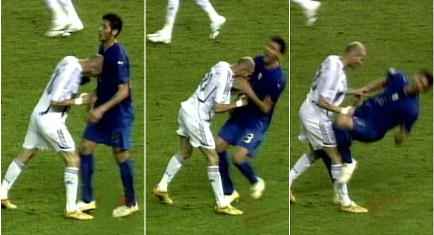 France player Zinedine Zidane headbutts Marco Materazzi of Italy at the 2006 World Cup final