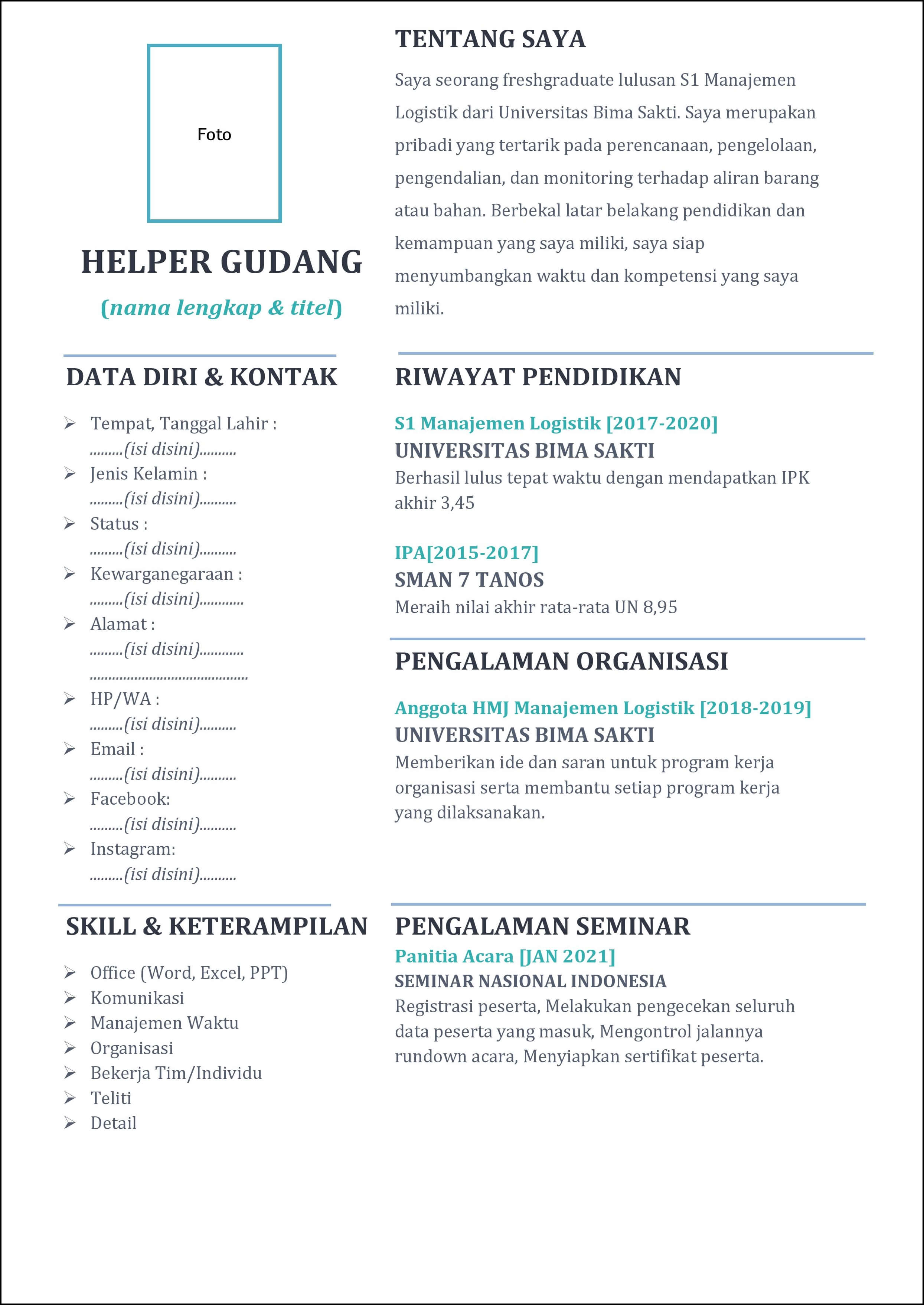 contoh 1 daftar riwayat hidup helper gudang untuk fresh graduate