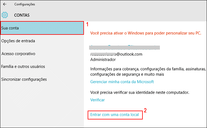 Configuração de conta - Windows 10