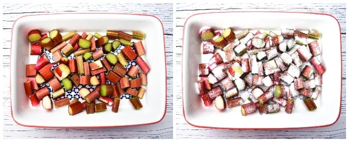 Roasting rhubarb with sugar in an ovenproof dish