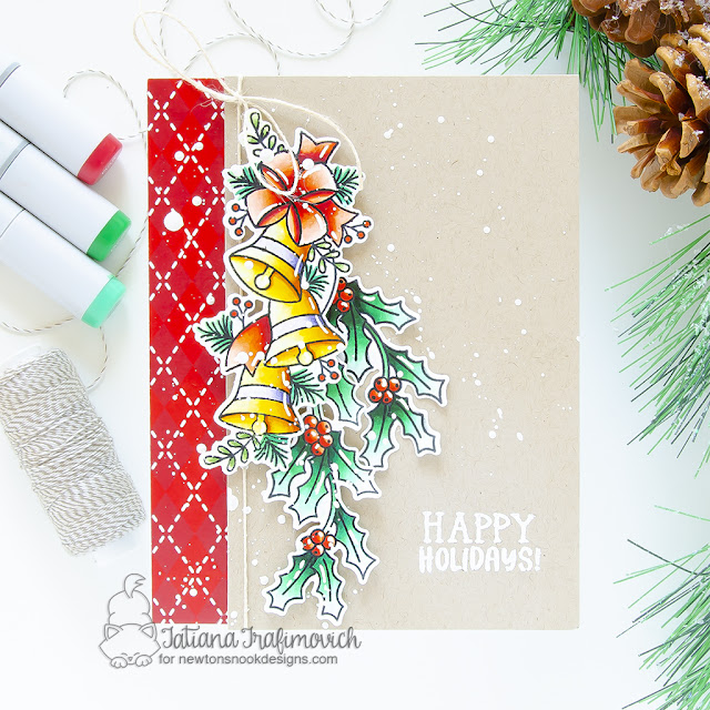 Christmas Card by Tatiana Trafimovich | Bells & Holly Stamp Set and Canine Christmas Paper Pad by Newton's Nook Designs