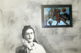 "Frida Smoking" Charcoal and Conte with Embedded Electronics 24x36 inches by F. Lennox Campello