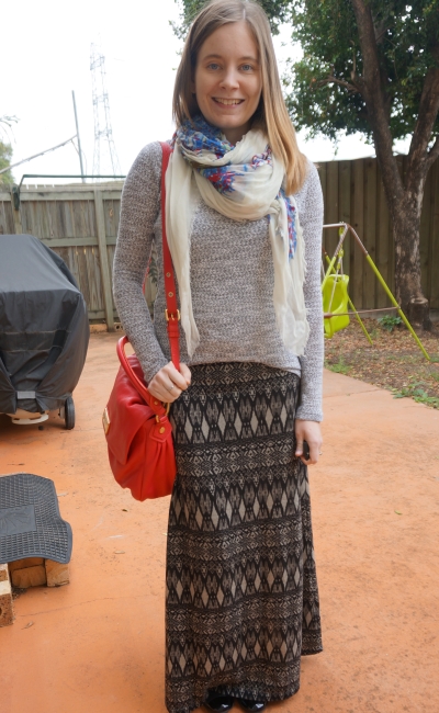 Away From Blue Blog | Grey Jumper printed scarf tribal maxi skirt red bag