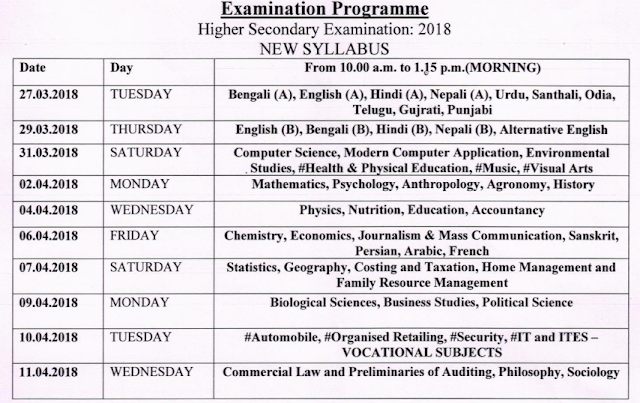 WBCHSE-Higher Secondary (HS) Exam Routine 2018 For New Syllabus
