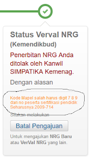 Kenapa NRG Ditolak Kanwil SIMPATIKA Kemenag ? – Pada awal semester dua, fitur-fitur baru SIMPATIKA bermunculan, dan salah satunya Verval NRG. Verval NRG merupakan proses verifikasi NRG bagi guru Madrarasah ataun guru RA yang telah mendapatkan Sertifikasi Guru. 