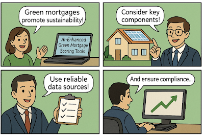 English Alt Text: A four-panel comic showing (1) a woman saying “Green mortgages promote sustainability!” next to a laptop labeled “AI-Enhanced Green Mortgage Scoring Tools,” (2) a businessman saying “Consider key components!” with an image of a house with solar panels, (3) another man saying “Use reliable data sources!” holding a checklist, and (4) a man at a computer saying “And ensure compliance…” looking at a screen with a rising graph.