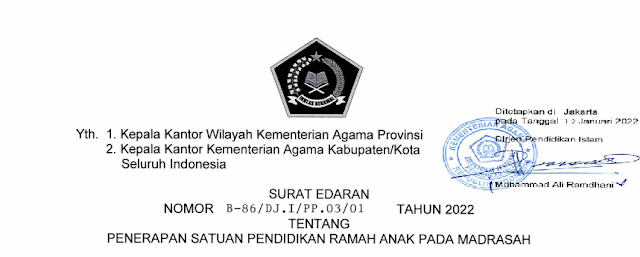 SURAT EDARAN PENERAPAN SATUAN PENDIDIKAN RAMAH ANAK PADA MADRASAH - INTEL MADRASAH