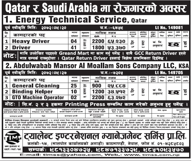 Jobs in Saudi Arabia & Qatar for Nepali