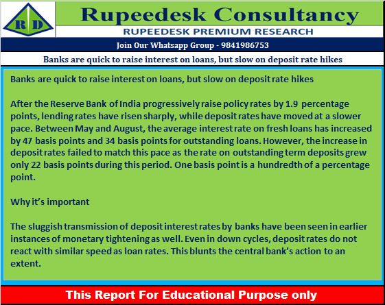 Banks are quick to raise interest on loans, but slow on deposit rate hikes - Rupeedesk Reports - 06.10.2022