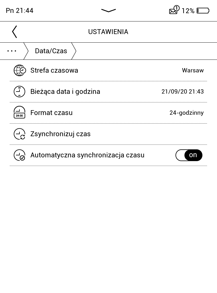 Ustawienia czasu i daty na PocketBook Touch Lux 5