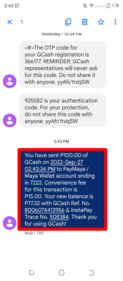 gcash text about the transfer