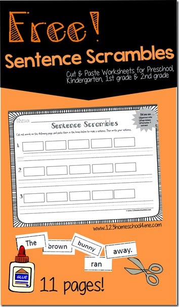 Sentence Scrambles - FREE printable cut and paste worksheets for kids to practice making sentences. This are great for kids in Preschool, Kindergarten, 1st grade, and 2nd grade.