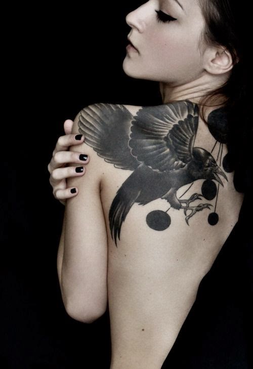 Black Ink Crow Tattoo Design, Crow Tattoos On Women Back, Women Full Back Crow Tattoos, Crow Design Tattoo Women Back, Women, Parts, Birds,