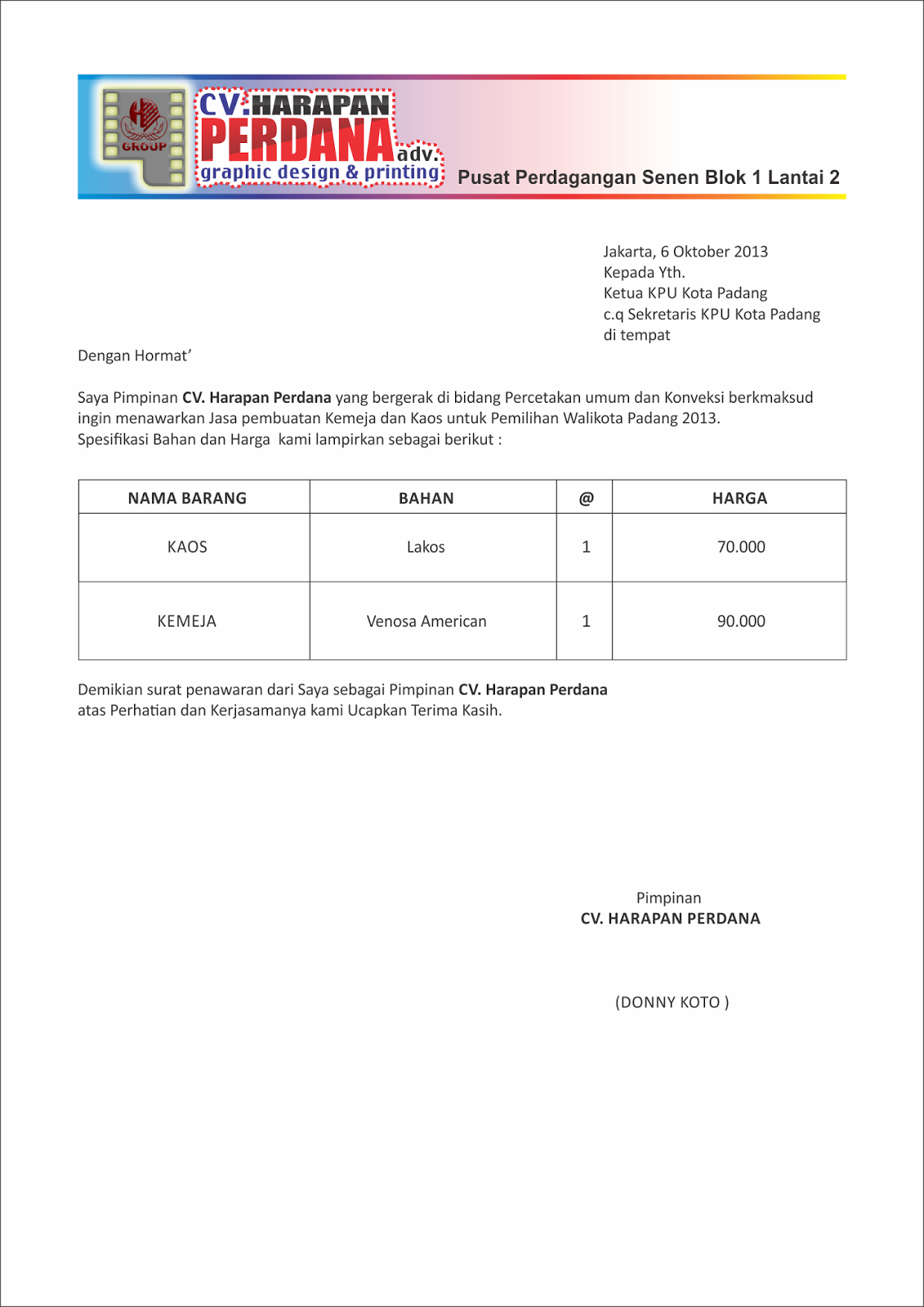 Contoh Surat Penawaran Lengkap Dengan Daftar Harga