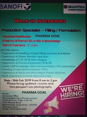 Sanofi -Walk-In drives for  B.Pharm, M.Pharm, B.Sc, M.Sc on 15 February 2019