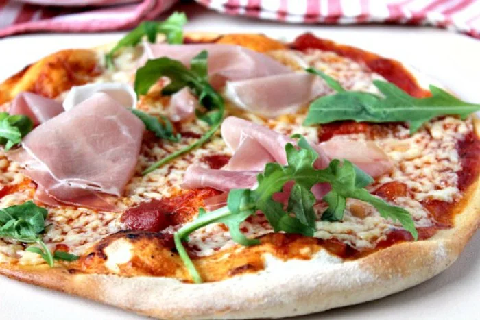 Aged Havarti Cheese, Prosciutto and Rocket Pizza 