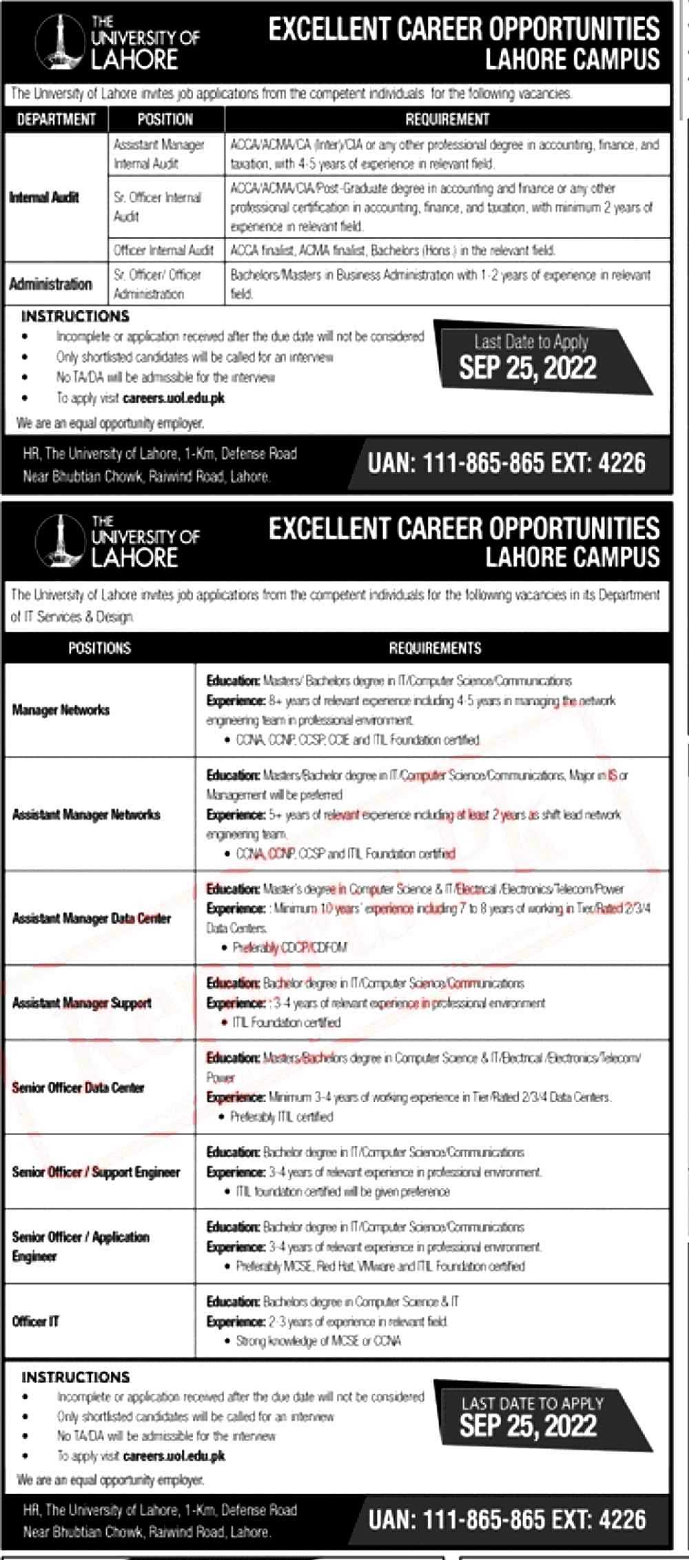 University of Lahore UOL Jobs 2022-UOL Jobs 2022