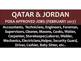 The following are jobs approved by POEA for deployment to Qatar and Jordan. Job applicants may contact the recruitment agency assigned to inquire for further information or to apply online for the job.  We are not affiliated to any of these recruitment agencies.   As per POEA, there should be no placement fee for domestic workers and seafarers. For jobs that are not exempted on placement fee, the placement fee should not exceed the one month equivalent of salary offered for the job. We encourage job applicant to report to POEA any violation on this rule.