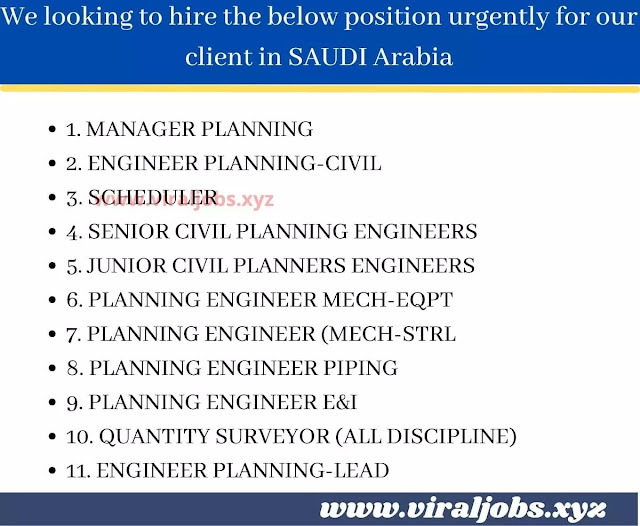 We looking to hire the below position urgently for our client in SAUDI