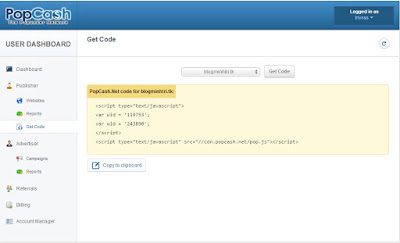 Kiếm tiền với PopCash cho Blogspot/Website