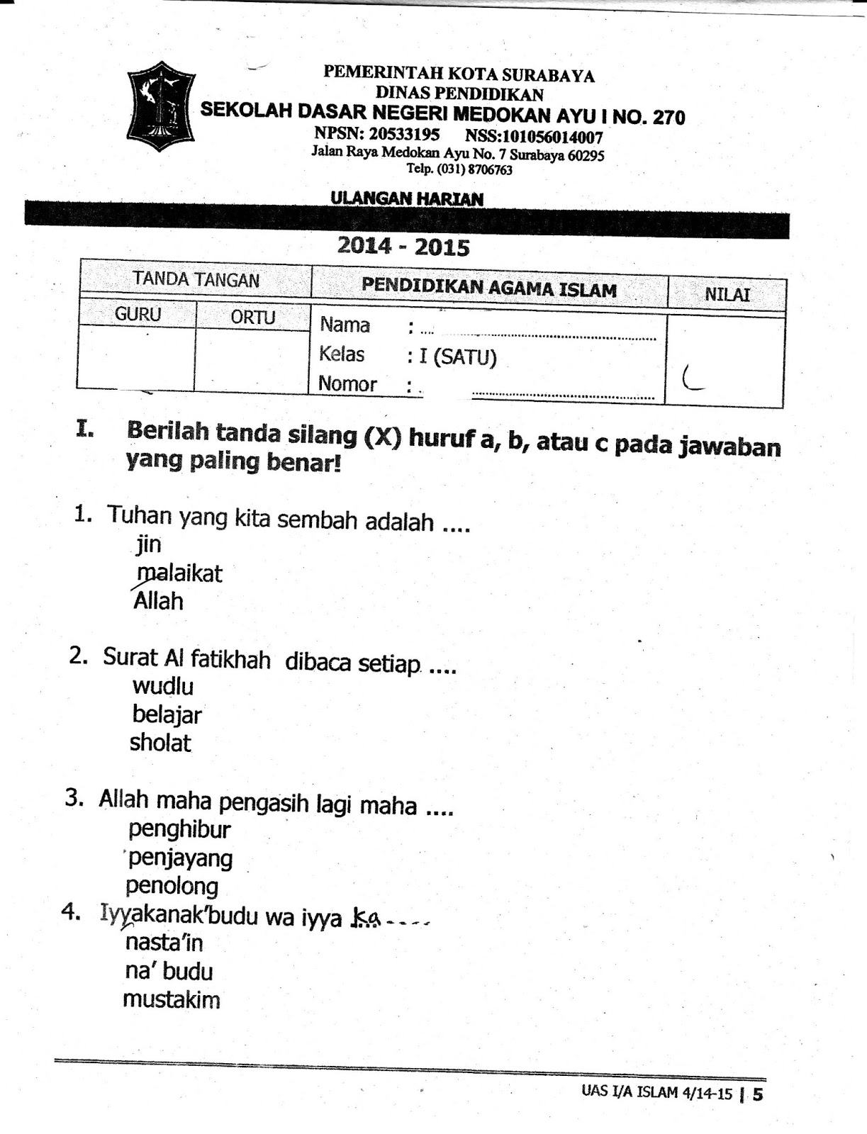 Ulangan Harian Matapelajaran Agama Islam SD Kelas 1 Semester Ganjil TA 2014 2015 Kurikulum 2013 Download lengkap dlm format pdf