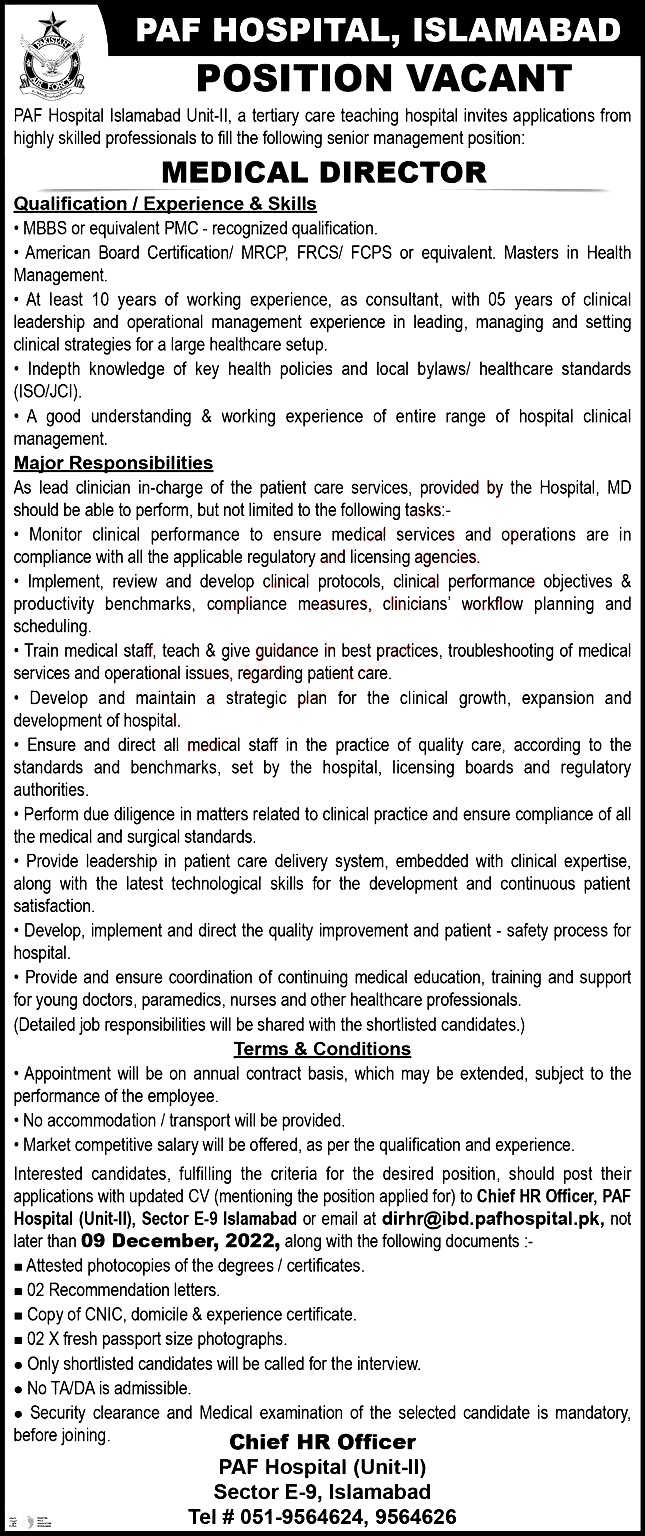 Pakistan Air Force PAF Hospital Islamabad Jobs 2022