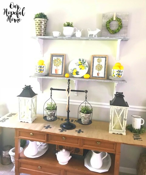 farmhouse whitewashed dining room shelves sideboard buffet olive bucket boxwood