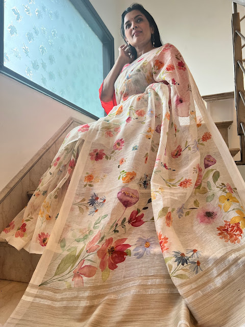 white linen digital print saree