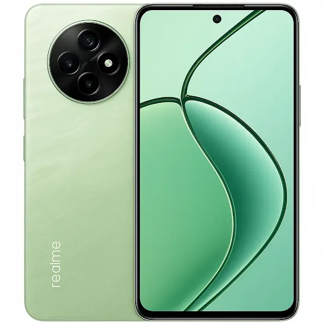 Realme 12x 5G smartphone front and back view - সবুজ রঙ, পেছনে quad-camera setup, সামনে punch-hole display